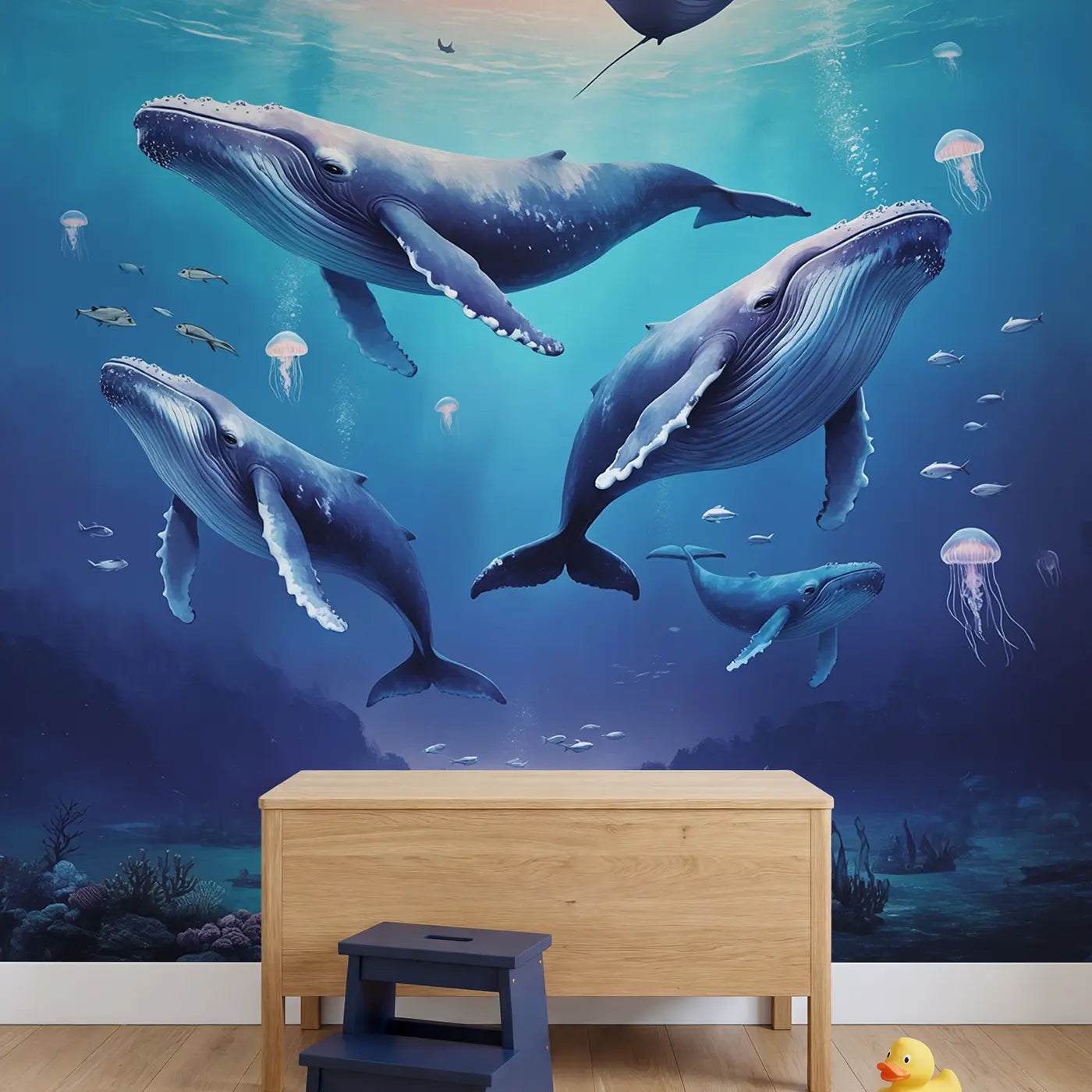 Pastel Whale Migration Wallpaper Mural in playroom setting by Whimsy Tots