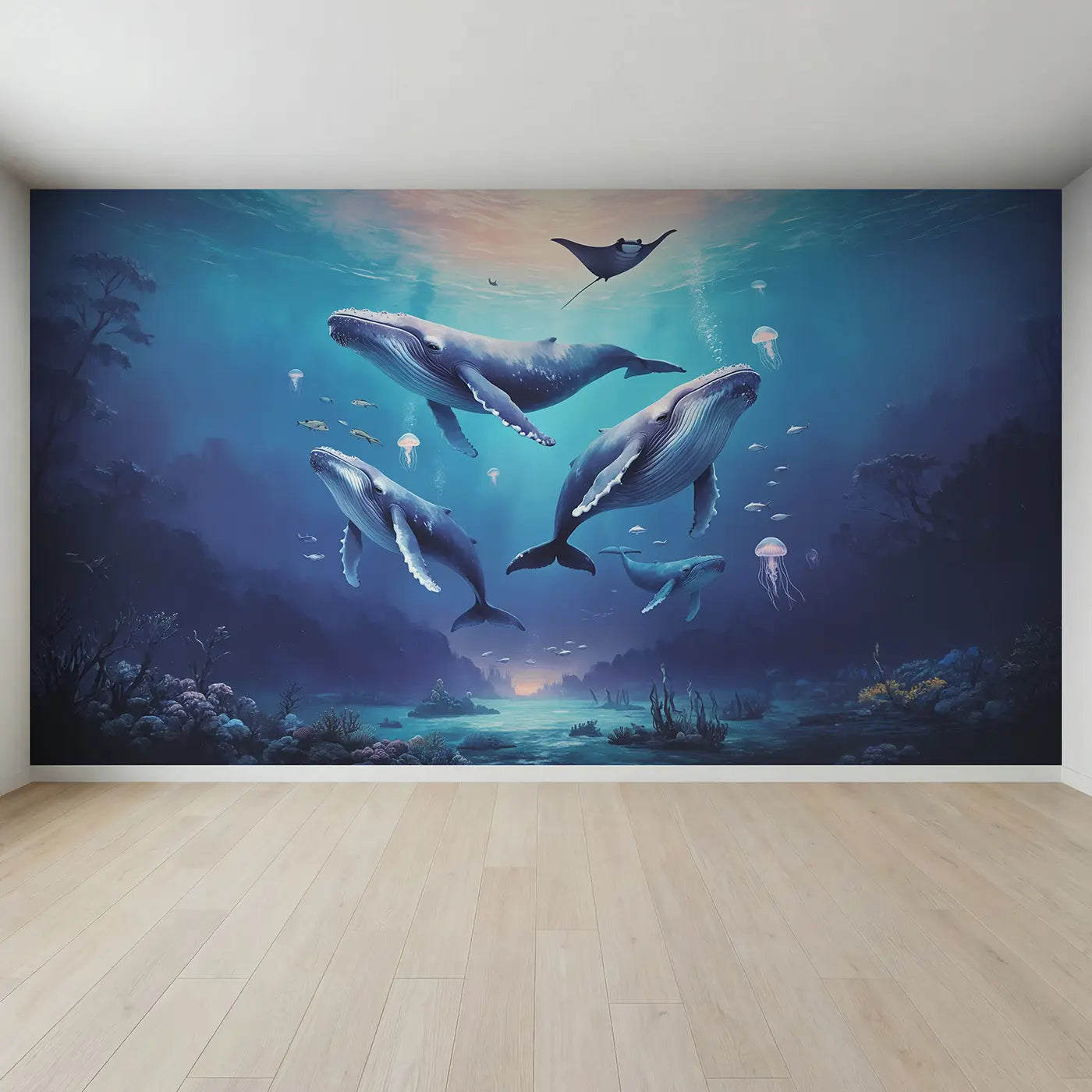 Full view of Pastel Whale Migration Wallpaper Mural by Whimsy Tots