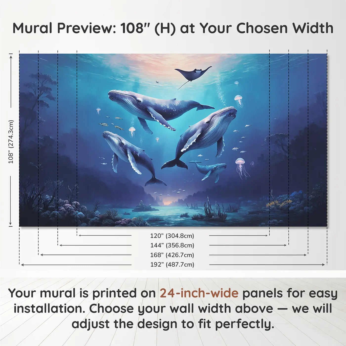 Panel layout and dimensions for Pastel Whale Migration Wallpaper Mural by Whimsy Tots