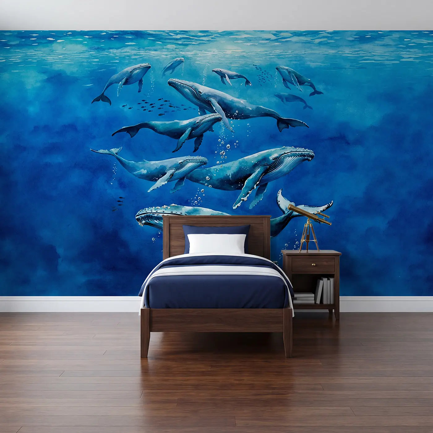 Watercolor whale migration deep blue wallpaper mural for kids room by Whimsy Tots