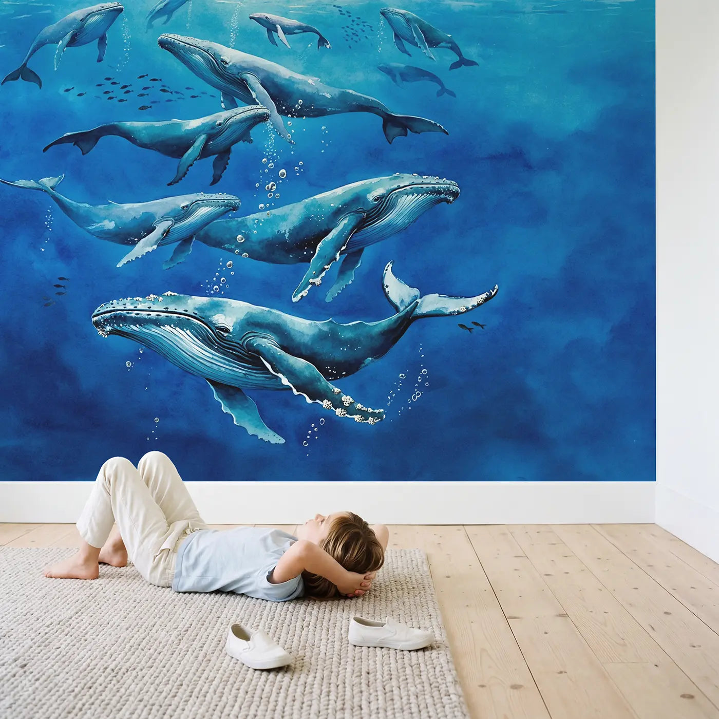 Child in nursery with Whale Migration Deep Blue Wallpaper Mural by Whimsy Tots