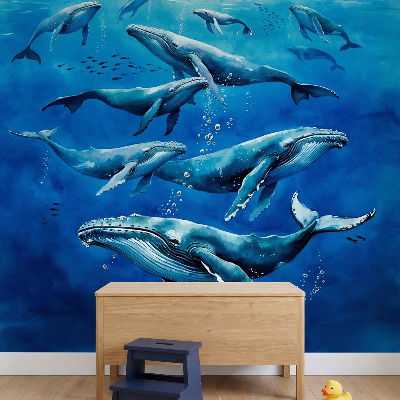Whale Migration Deep Blue Wallpaper Mural in playroom setting by Whimsy Tots