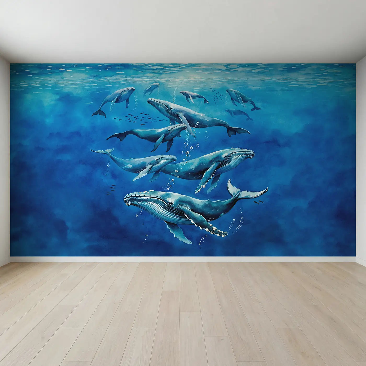 Full view of Whale Migration Deep Blue Wallpaper Mural by Whimsy Tots