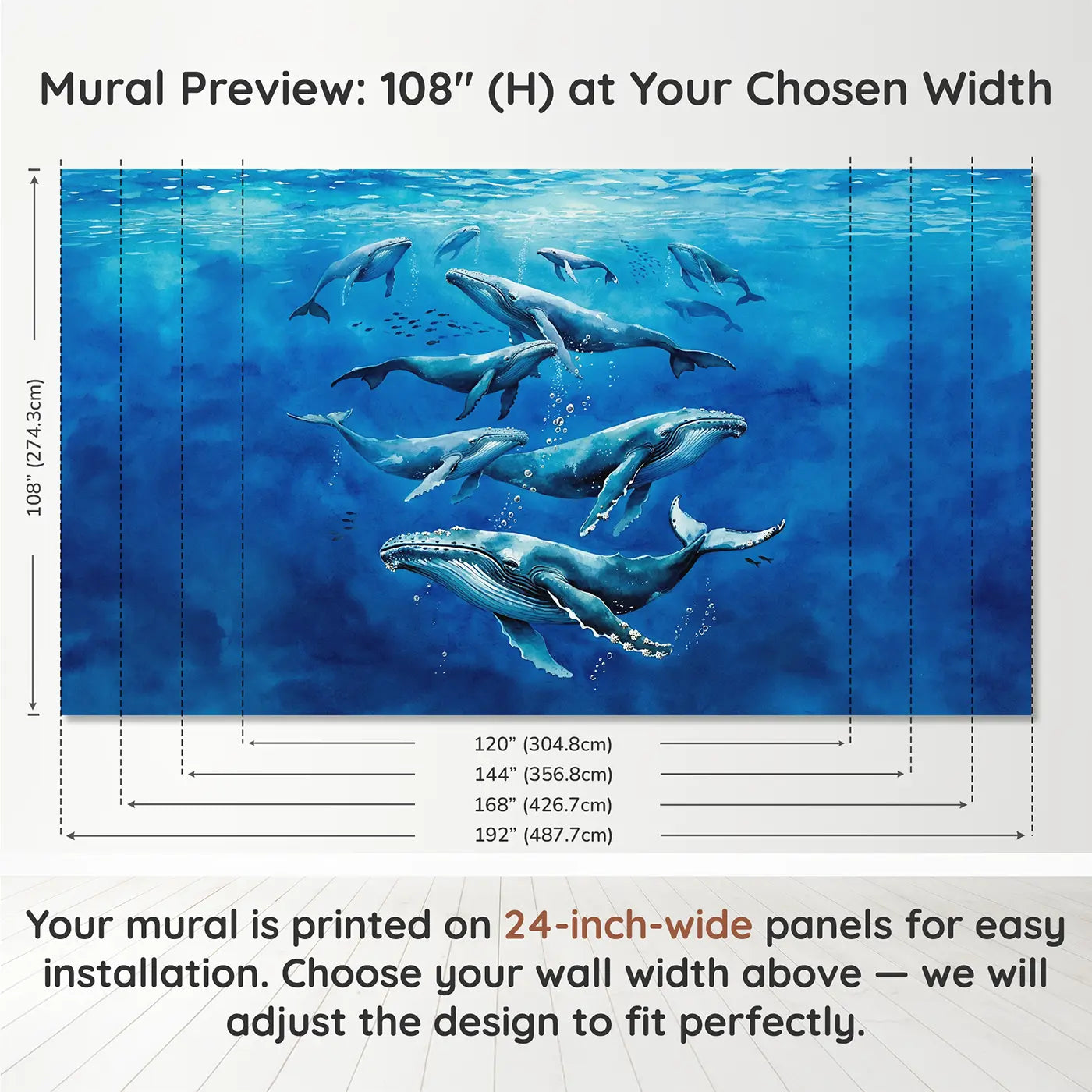 Panel layout and dimensions for Whale Migration Deep Blue Wallpaper Mural by Whimsy Tots