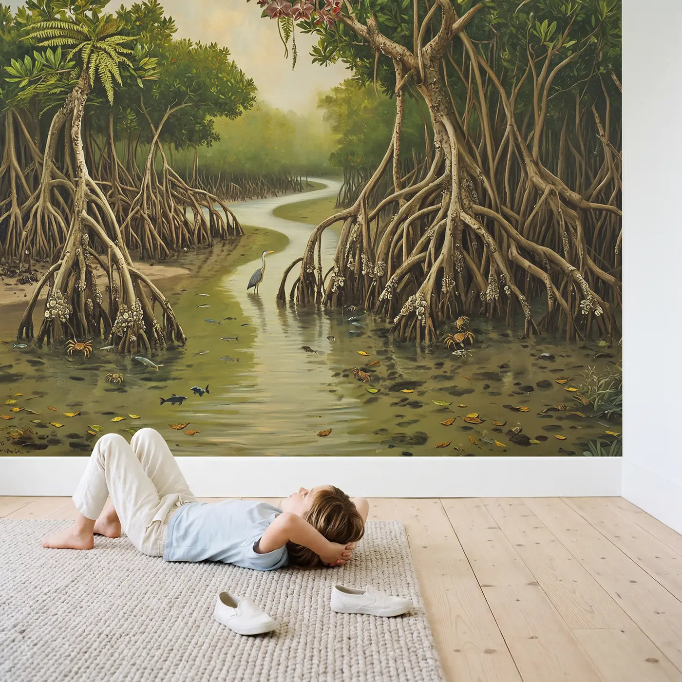 Child in nursery with Mangrove Channel Maze Wallpaper Mural by Whimsy Tots