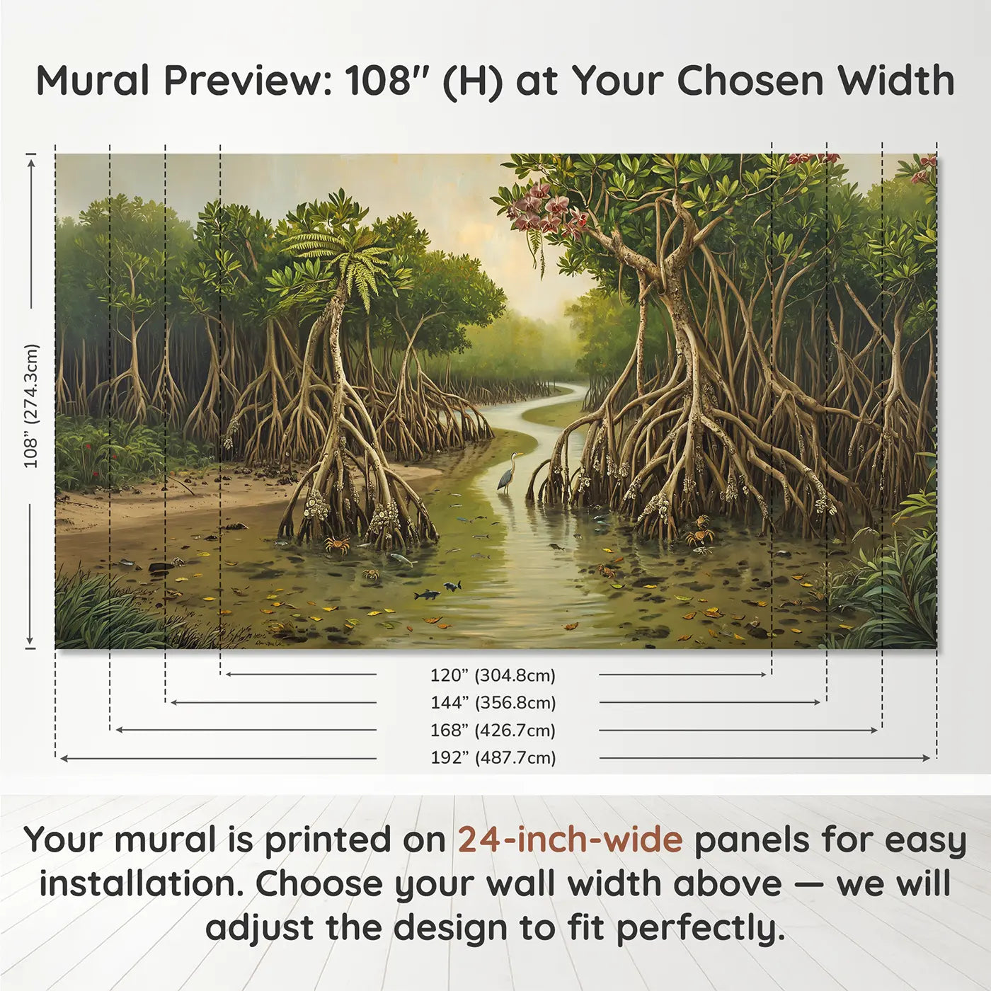 Panel layout and dimensions for Mangrove Channel Maze Wallpaper Mural by Whimsy Tots