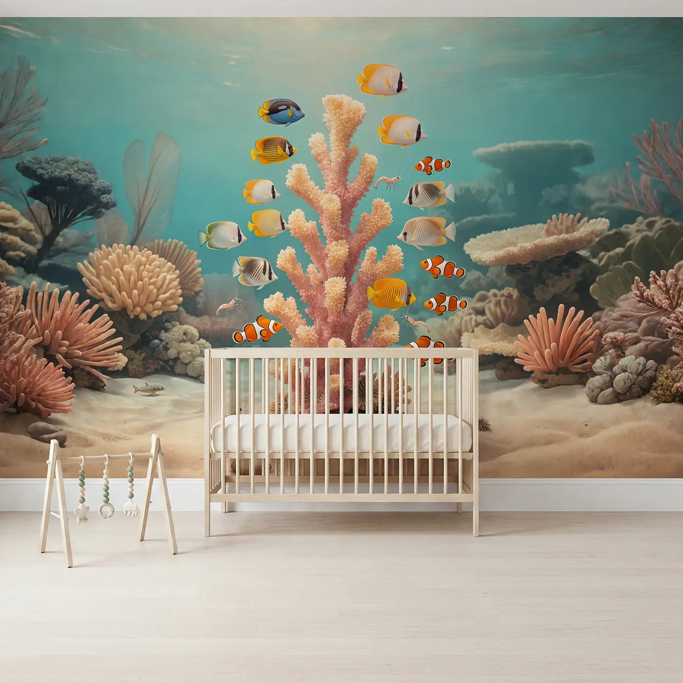 Soft Pastel coral tower fish rainbow wallpaper mural for nursery by Whimsy Tots