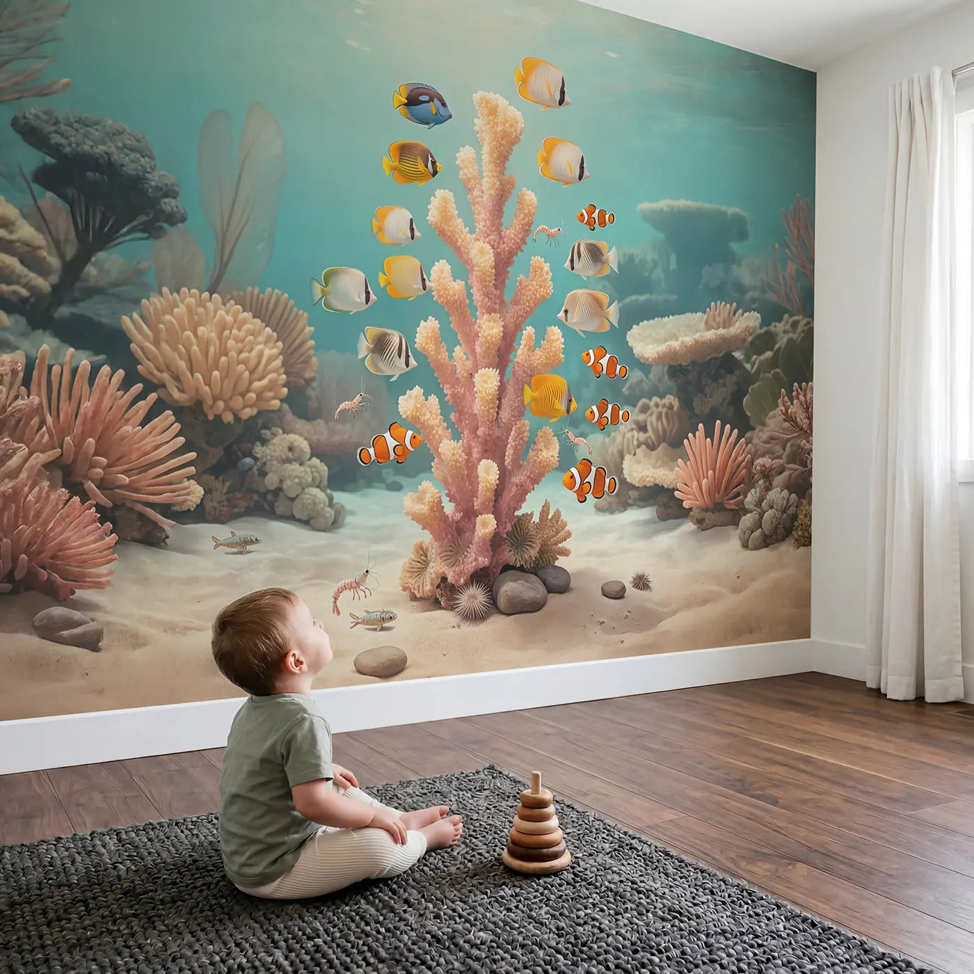 Child in nursery with Coral Tower Fish Rainbow Wallpaper Mural by Whimsy Tots