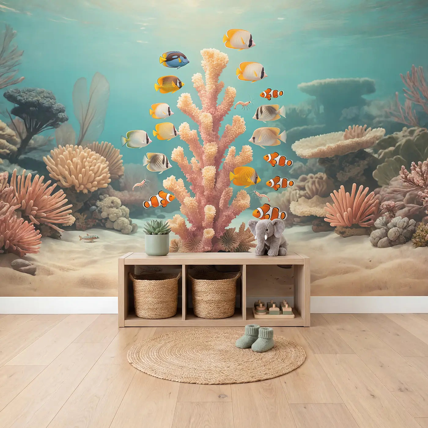 Coral Tower Fish Rainbow Wallpaper Mural in playroom setting by Whimsy Tots