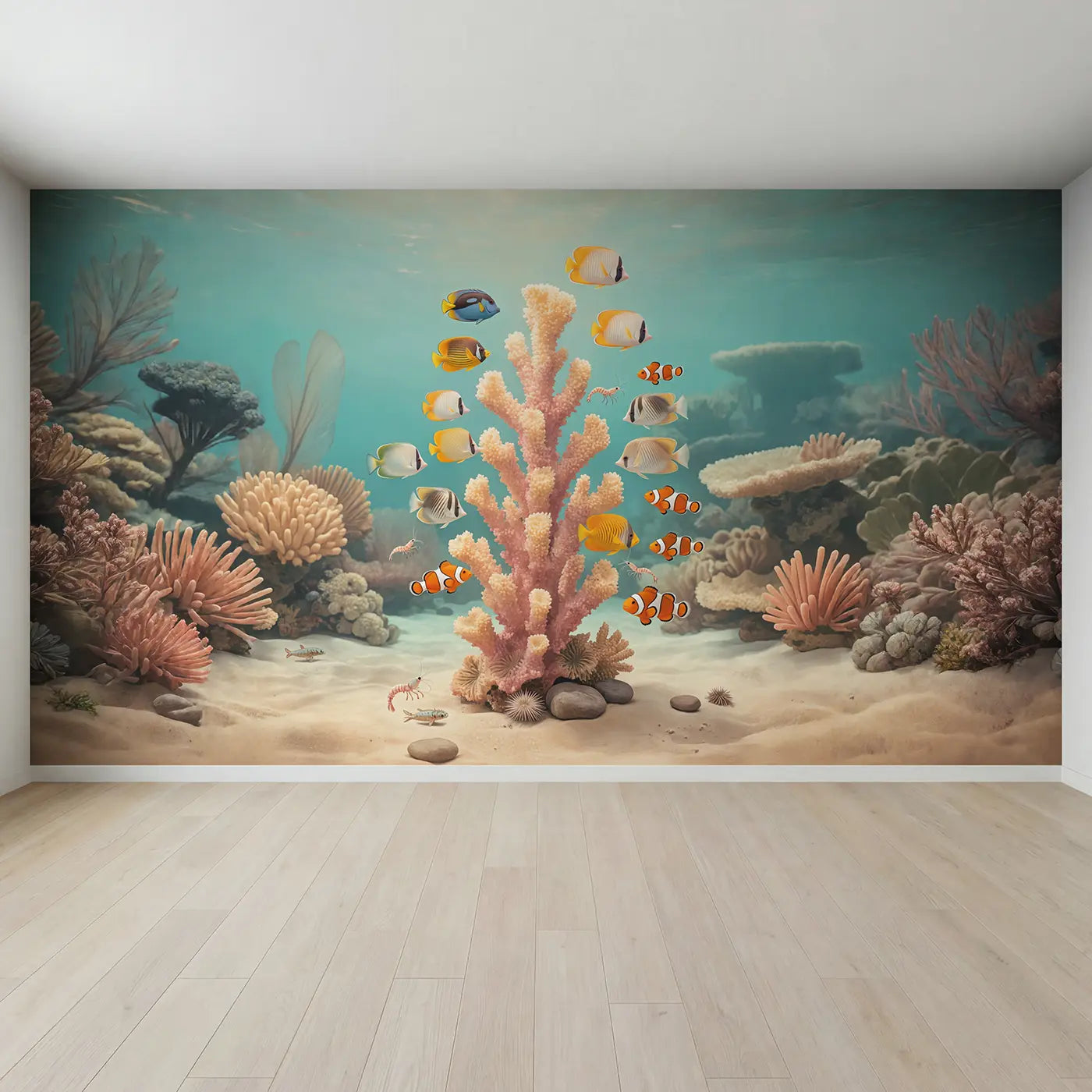 Full view of Coral Tower Fish Rainbow Wallpaper Mural by Whimsy Tots