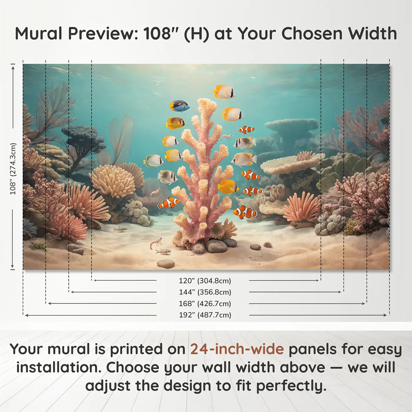 Panel layout and dimensions for Coral Tower Fish Rainbow Wallpaper Mural by Whimsy Tots