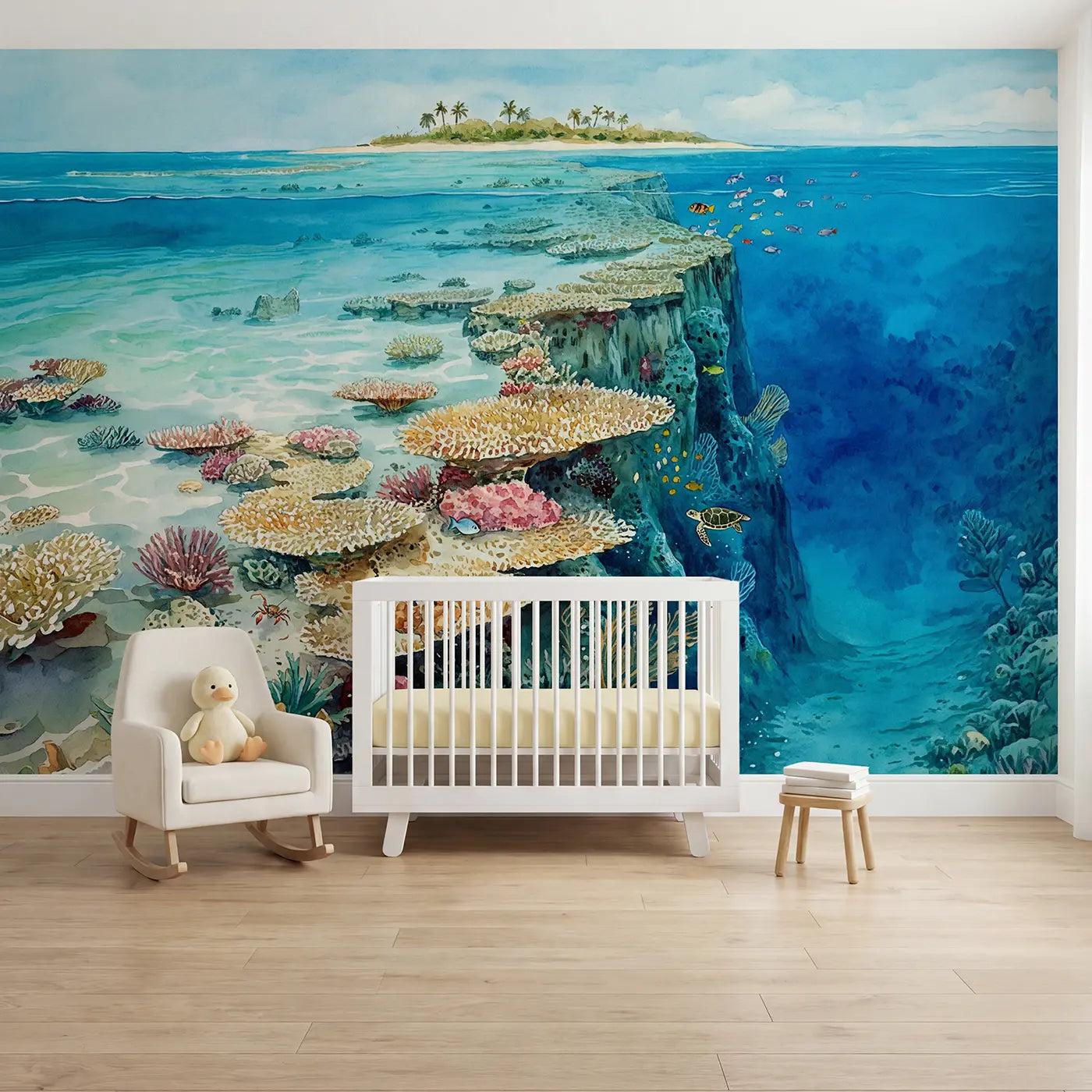 Watercolor coral atoll cross section sea life wallpaper mural for nursery by Whimsy Tots