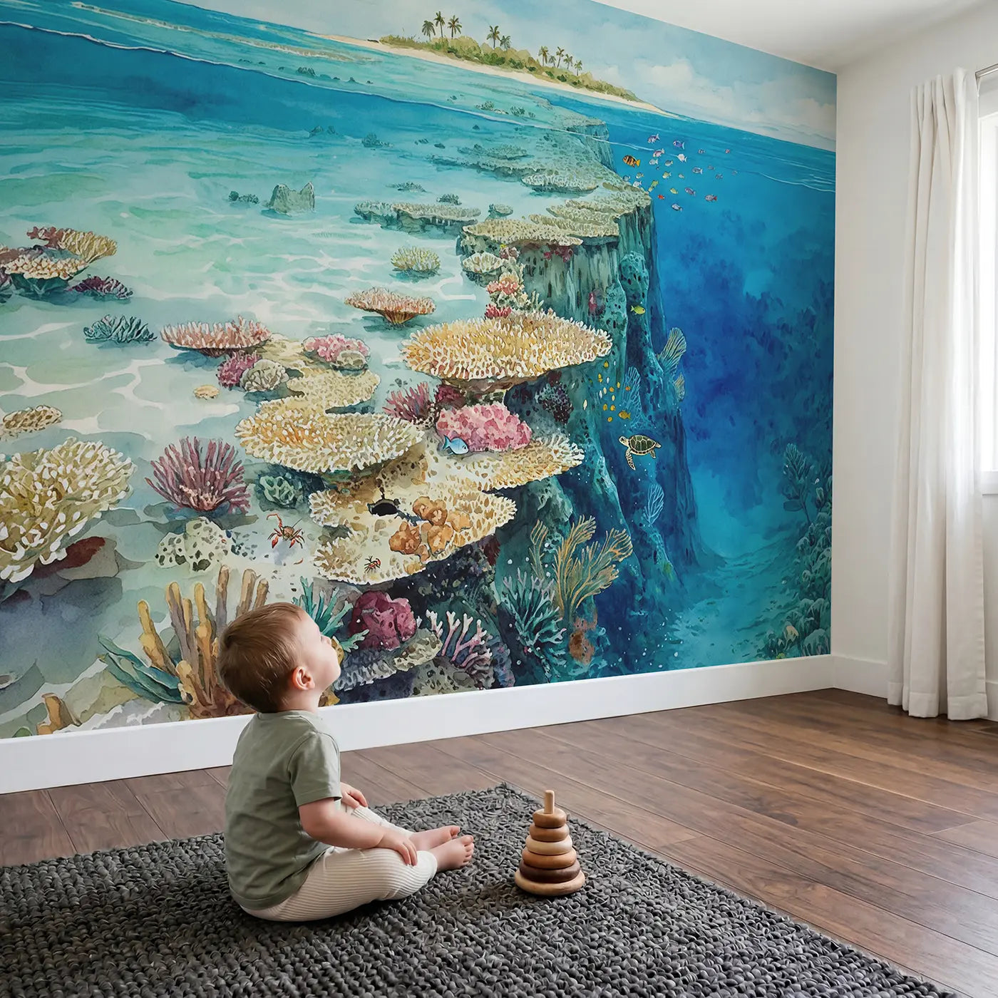 Child in nursery with Coral Atoll Cross Section Wallpaper Mural by Whimsy Tots