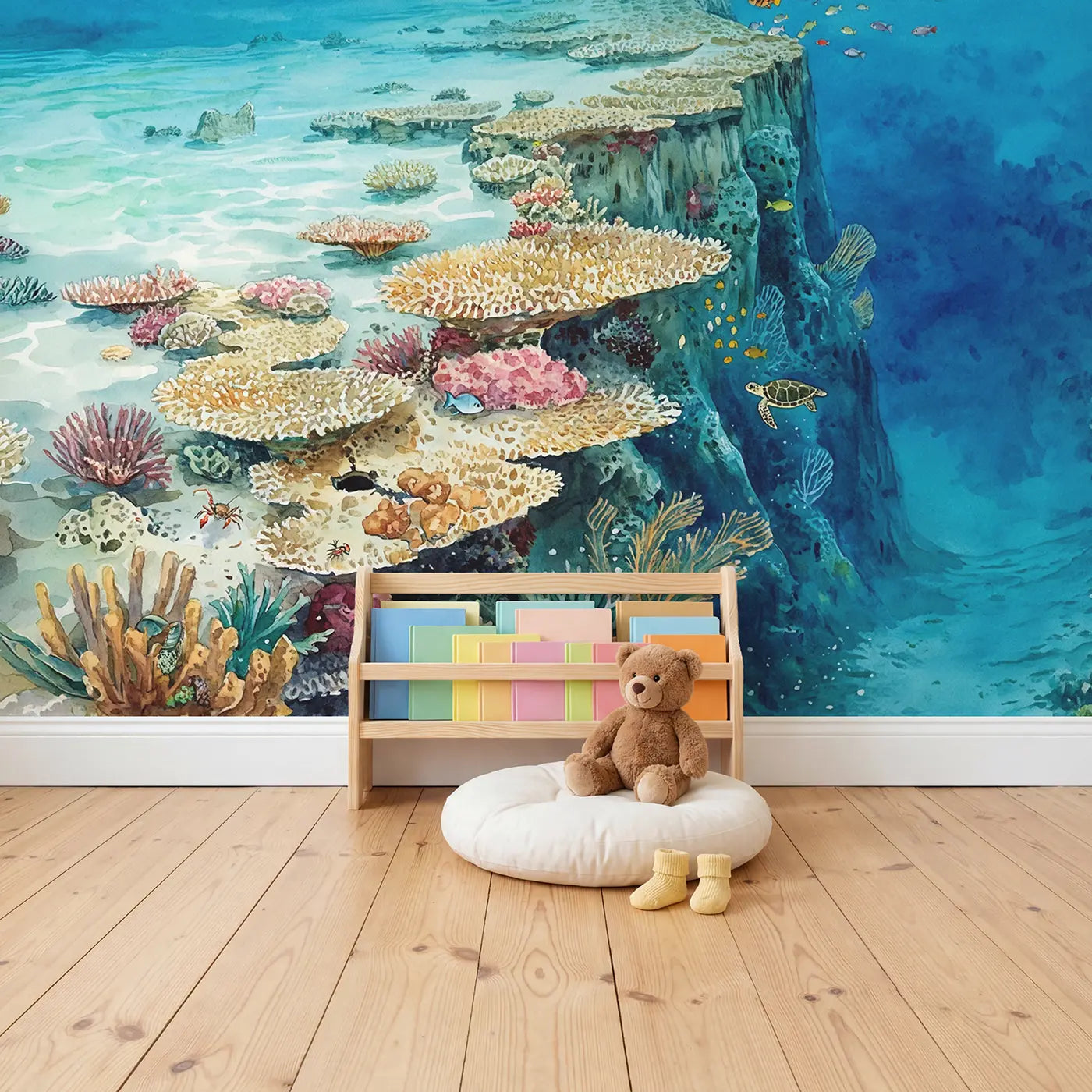 Coral Atoll Cross Section Wallpaper Mural in playroom setting by Whimsy Tots