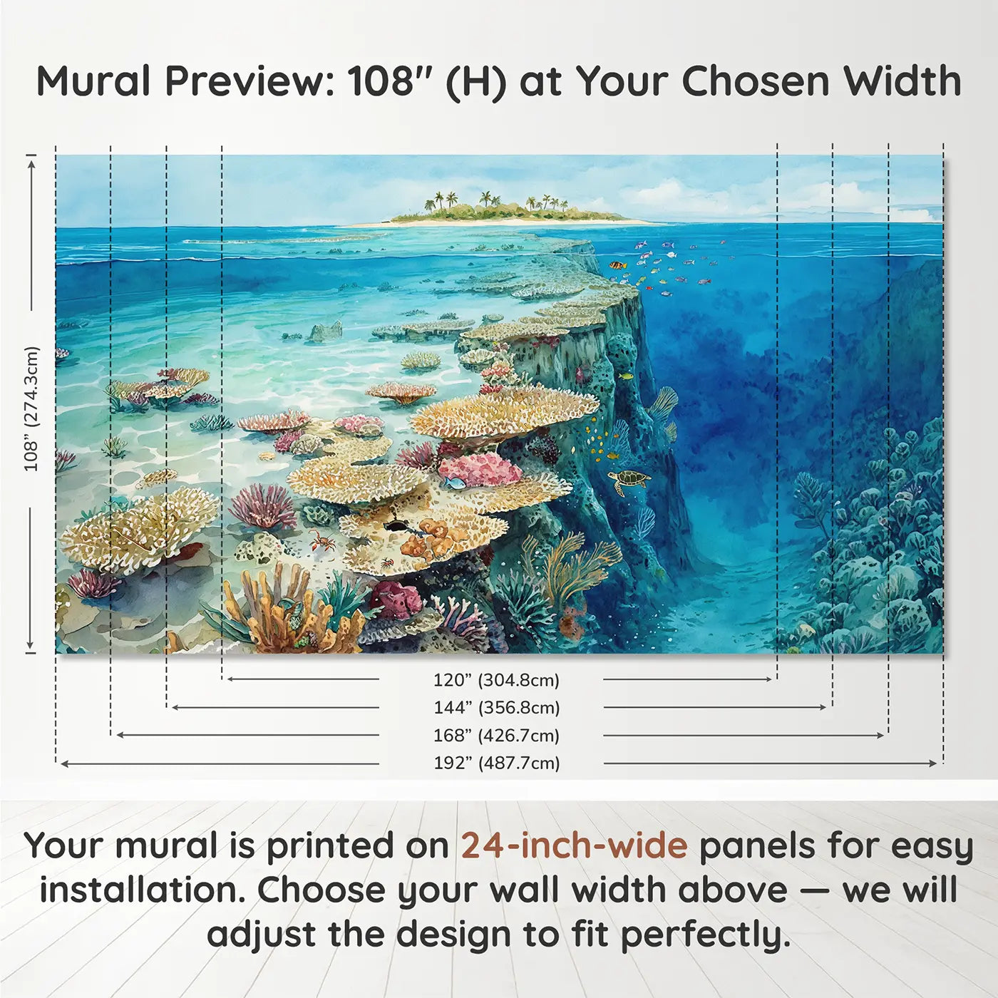 Panel layout and dimensions for Coral Atoll Cross Section Wallpaper Mural by Whimsy Tots