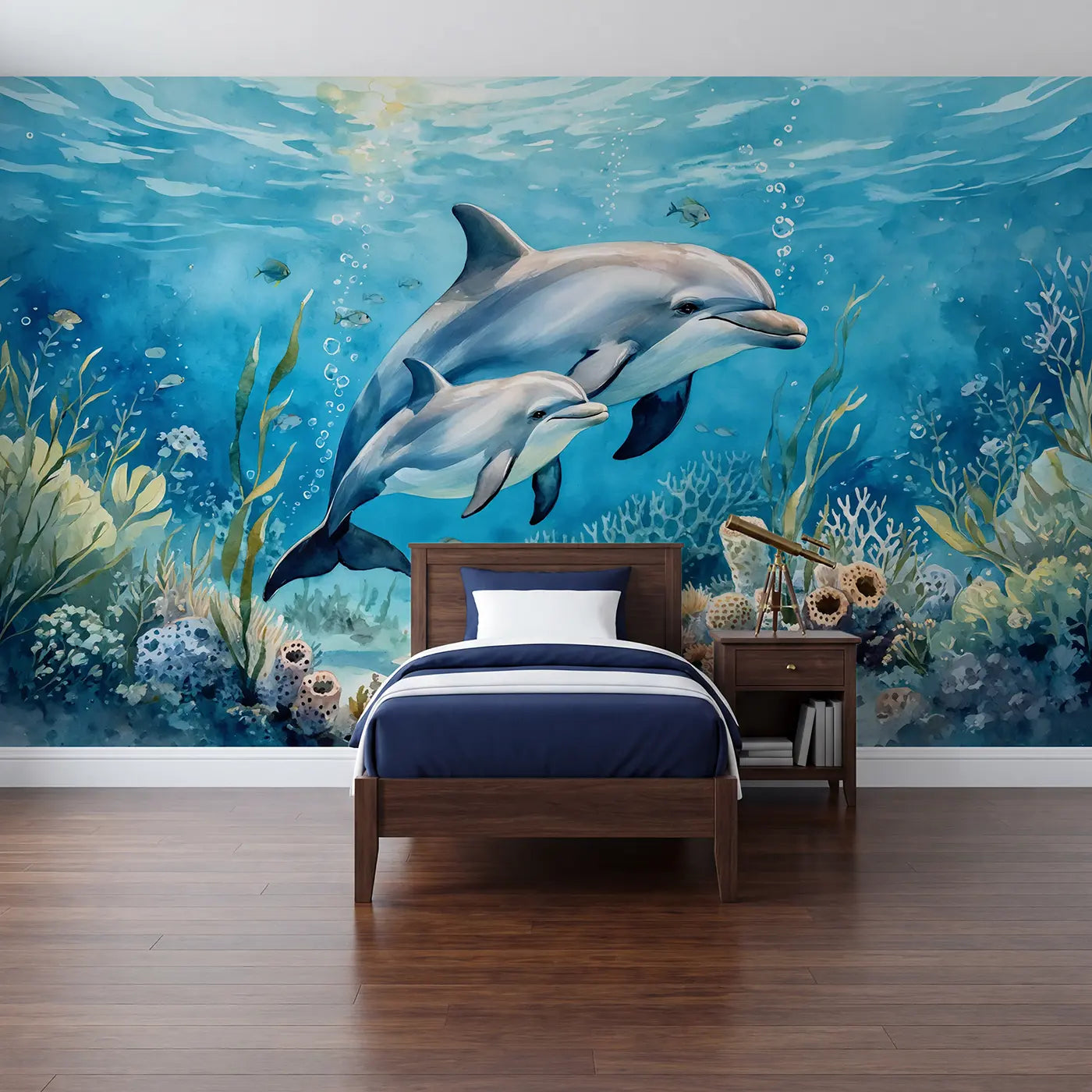 Watercolor dolphins in sunlit ocean wallpaper mural for kids room by Whimsy Tots