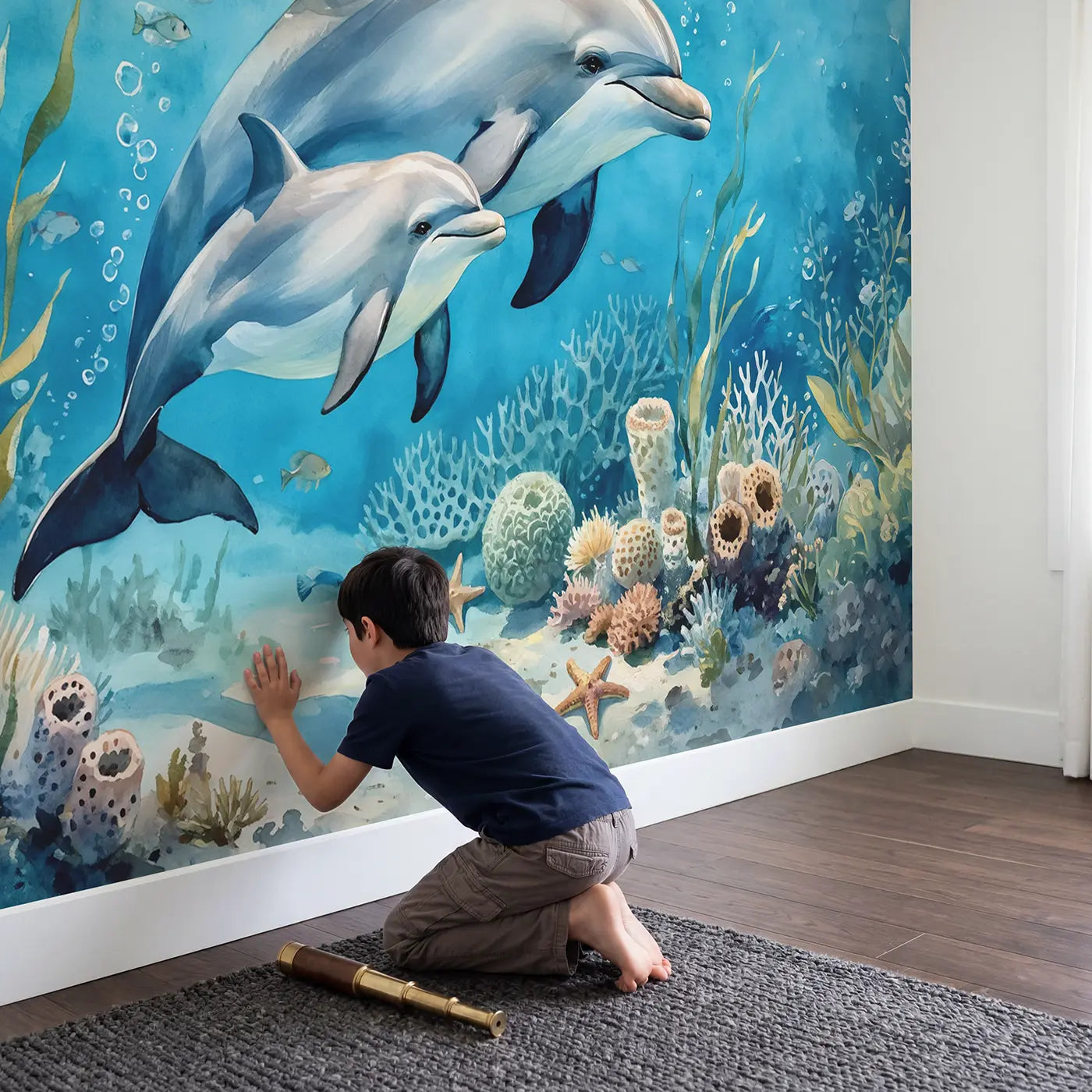 Child in nursery with Mother and Baby Dolphin Wallpaper Mural by Whimsy Tots
