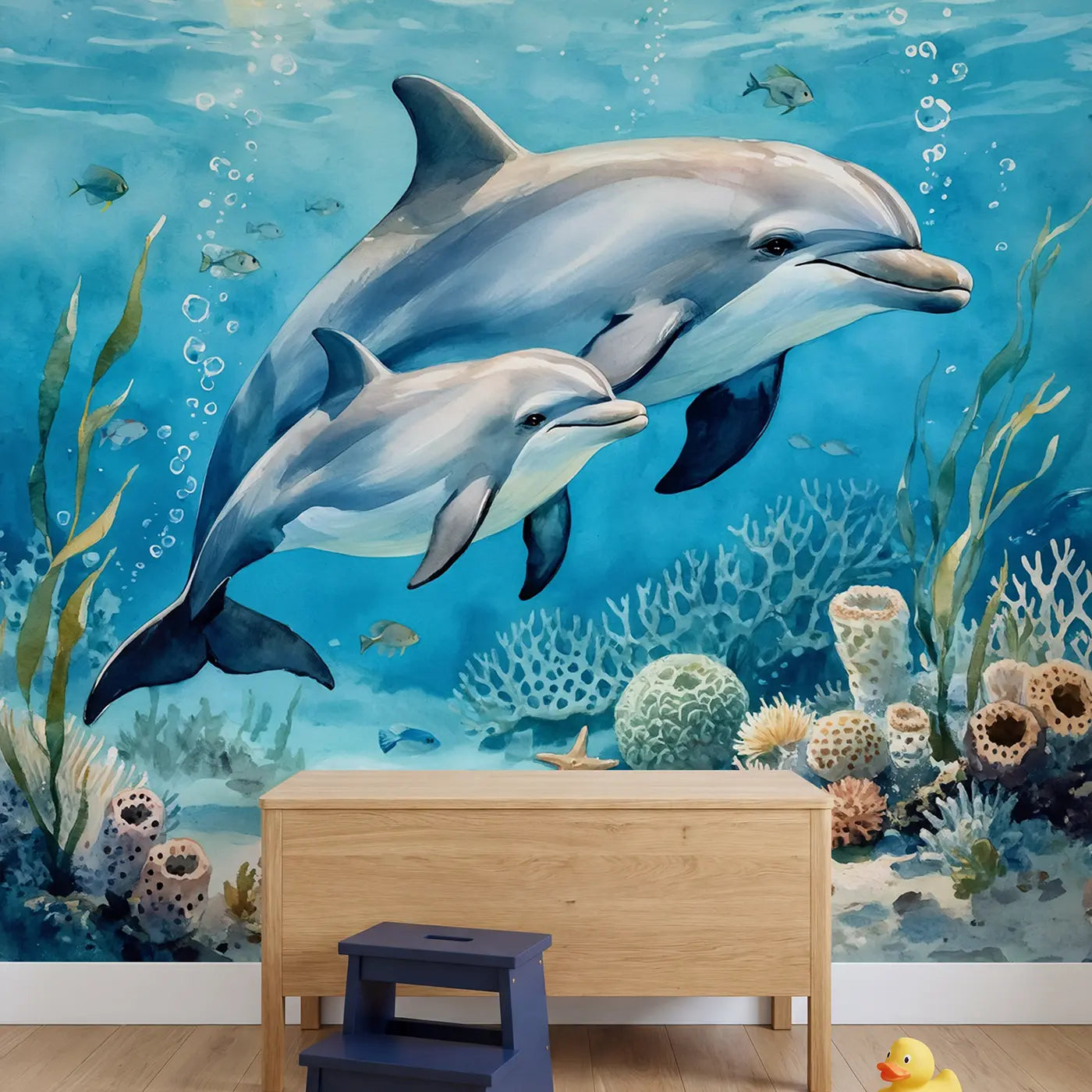 Mother and Baby Dolphin Wallpaper Mural in playroom setting by Whimsy Tots