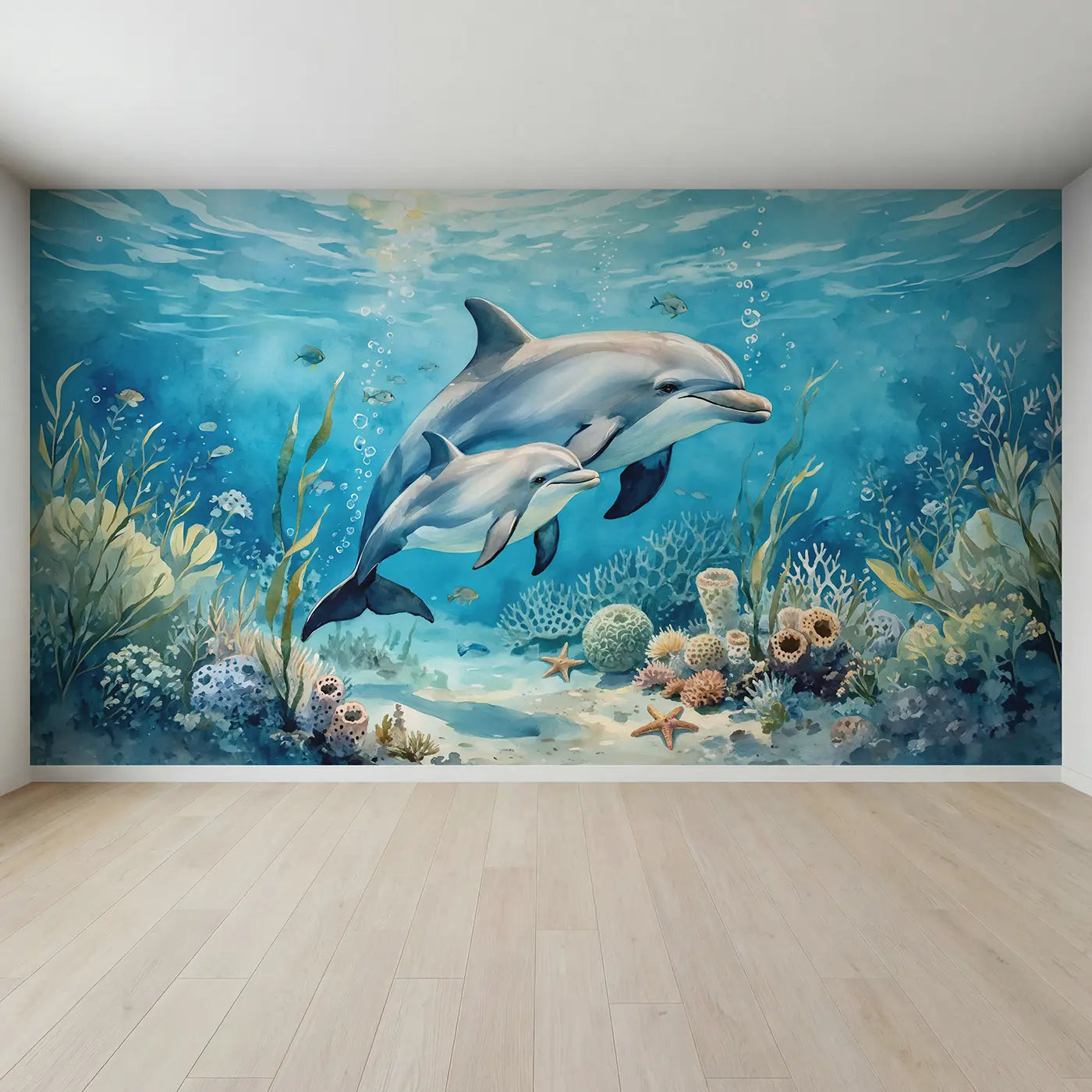 Full view of Mother and Baby Dolphin Wallpaper Mural by Whimsy Tots