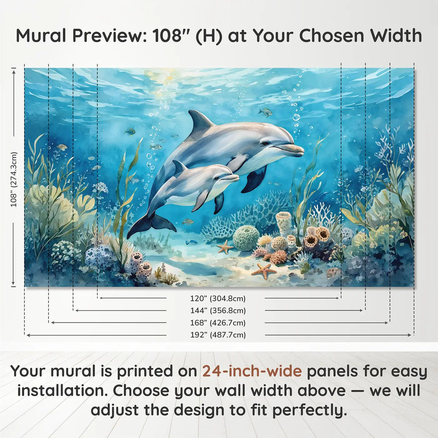 Panel layout and dimensions for Mother and Baby Dolphin Wallpaper Mural by Whimsy Tots