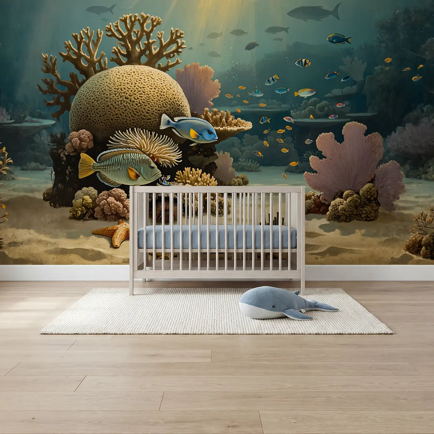 Painted landscape coral reef cleaning station wallpaper mural for nursery by Whimsy Tots
