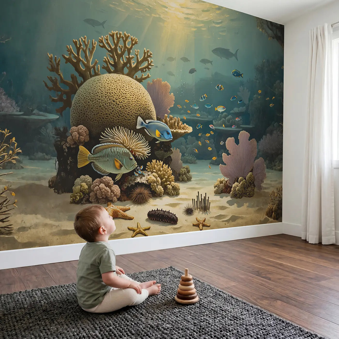Child in nursery with Coral Reef Cleaning Station Wallpaper Mural by Whimsy Tots