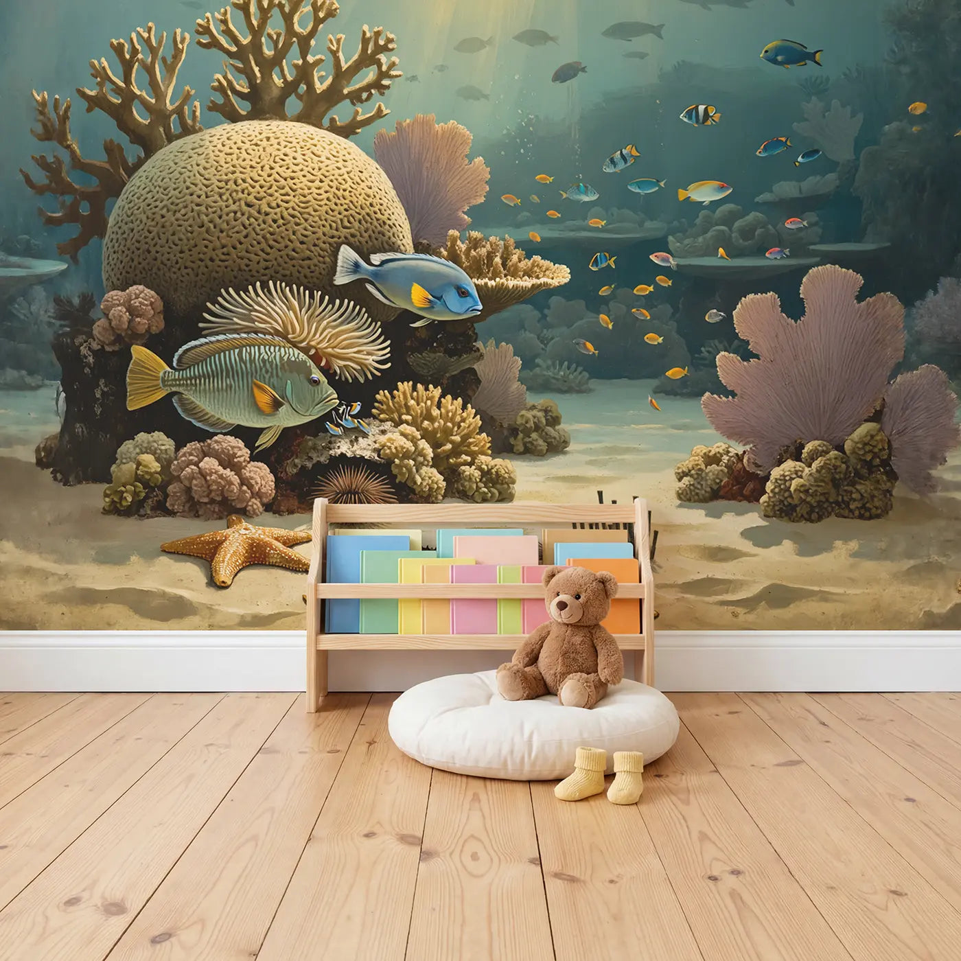 Coral Reef Cleaning Station Wallpaper Mural in playroom setting by Whimsy Tots