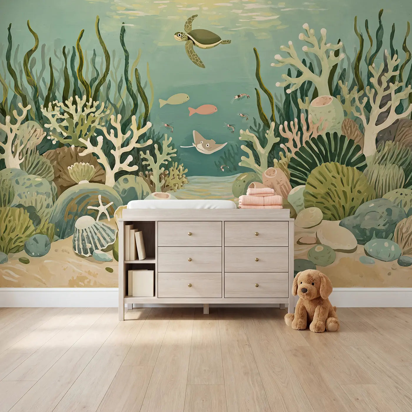 Modern illustration sea turtle and fish ocean wallpaper mural for girls room by Whimsy Tots