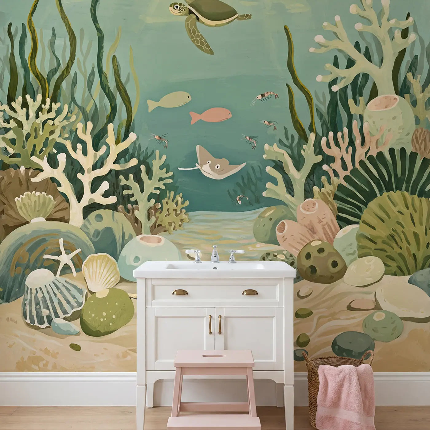 Gentle Sea Turtle Nursery Wallpaper Mural in playroom setting by Whimsy Tots