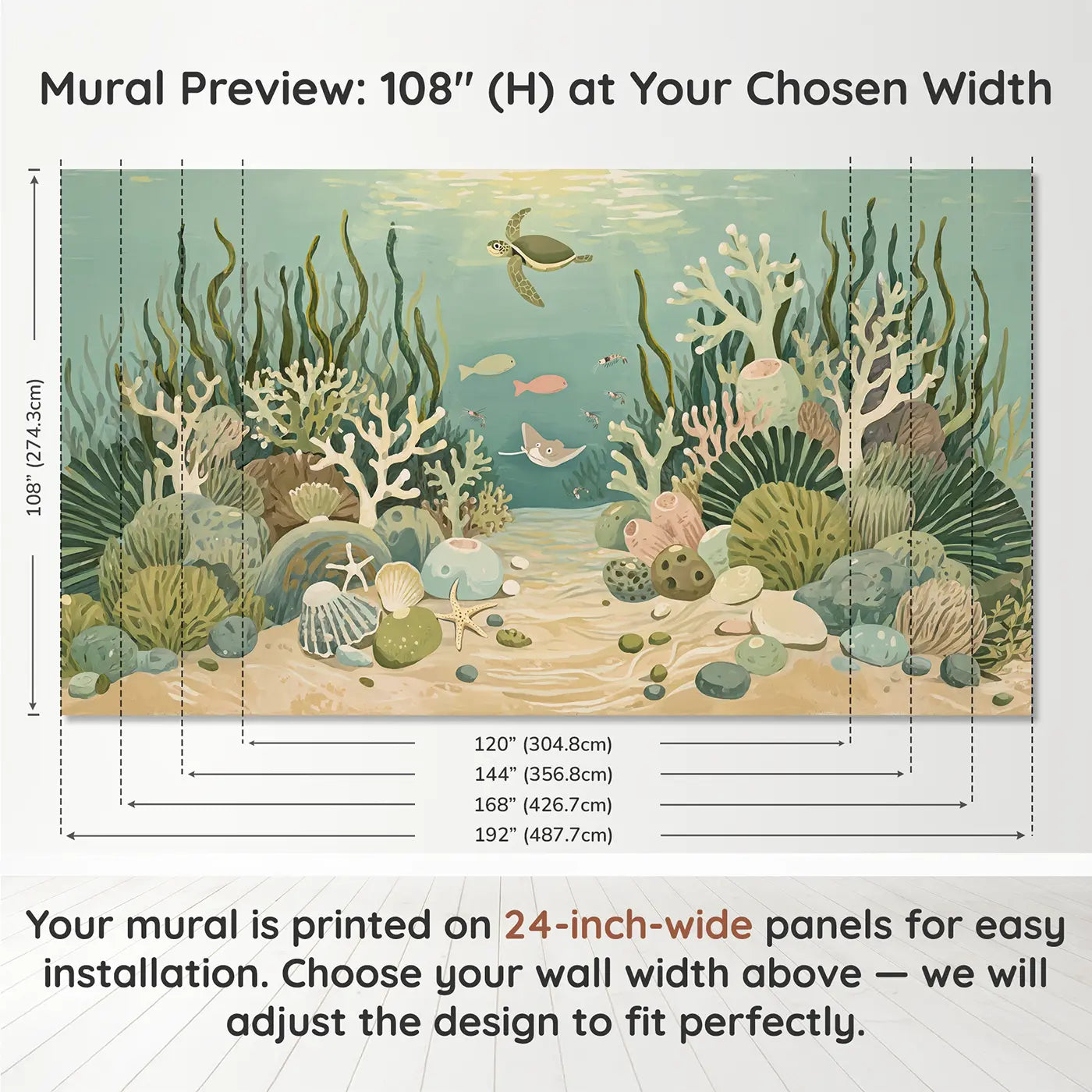 Panel layout and dimensions for Gentle Sea Turtle Nursery Wallpaper Mural by Whimsy Tots