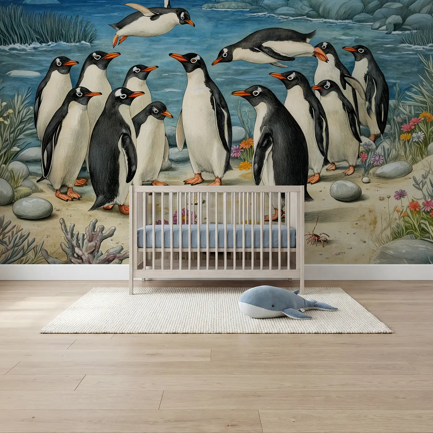 storybook penguin colony ocean wallpaper mural for nursery by Whimsy Tots
