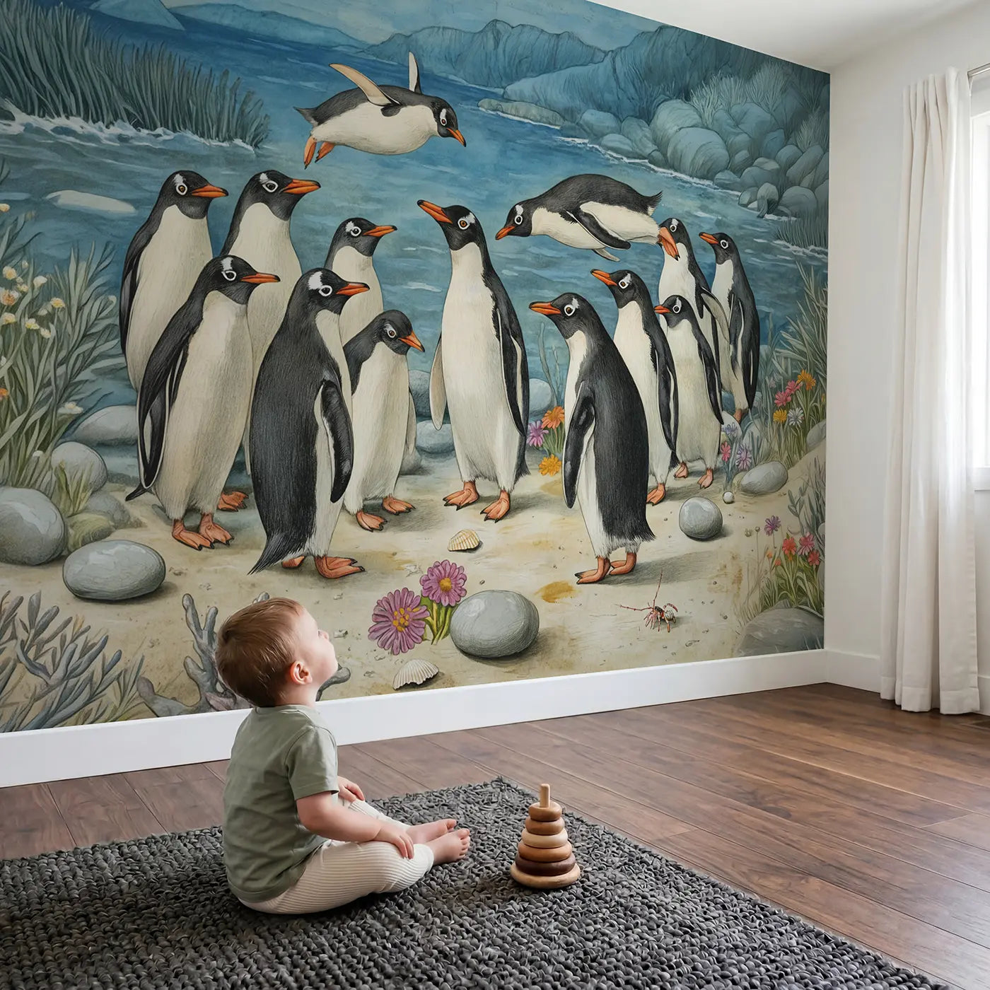Child in nursery with Penguin Colony Waters Edge Wallpaper Mural by Whimsy Tots