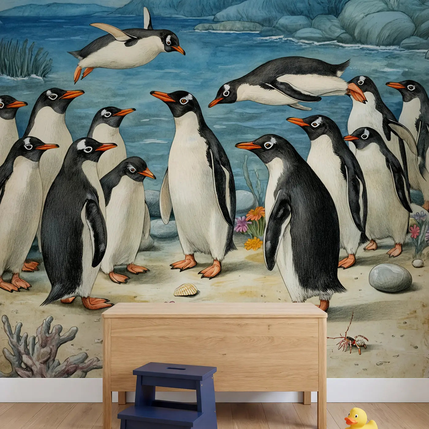 Penguin Colony Waters Edge Wallpaper Mural in playroom setting by Whimsy Tots
