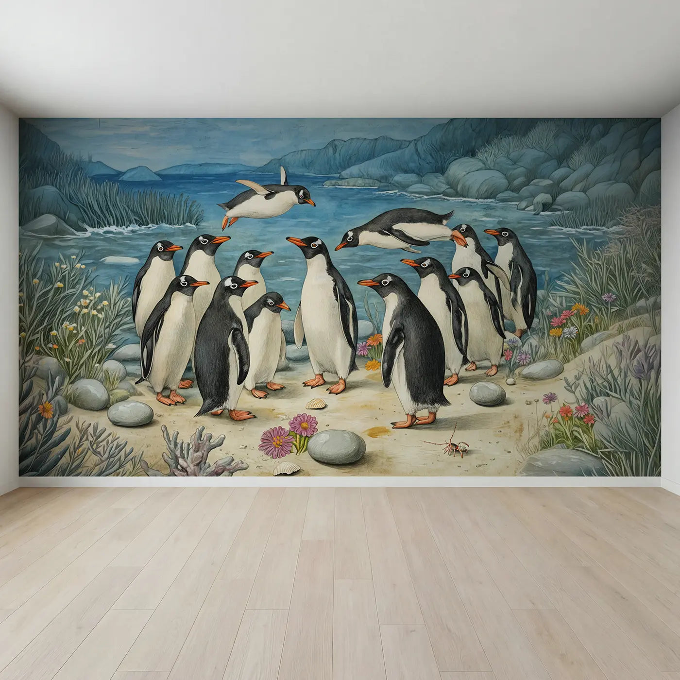 Full view of Penguin Colony Waters Edge Wallpaper Mural by Whimsy Tots
