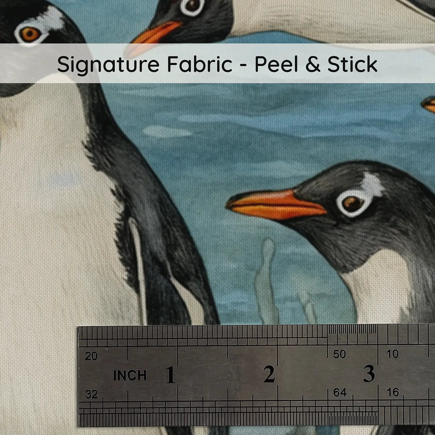 Fabric texture close-up of Penguin Colony Waters Edge Wallpaper Mural by Whimsy Tots