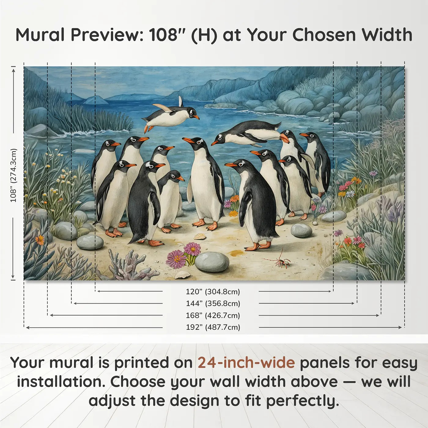 Panel layout and dimensions for Penguin Colony Waters Edge Wallpaper Mural by Whimsy Tots