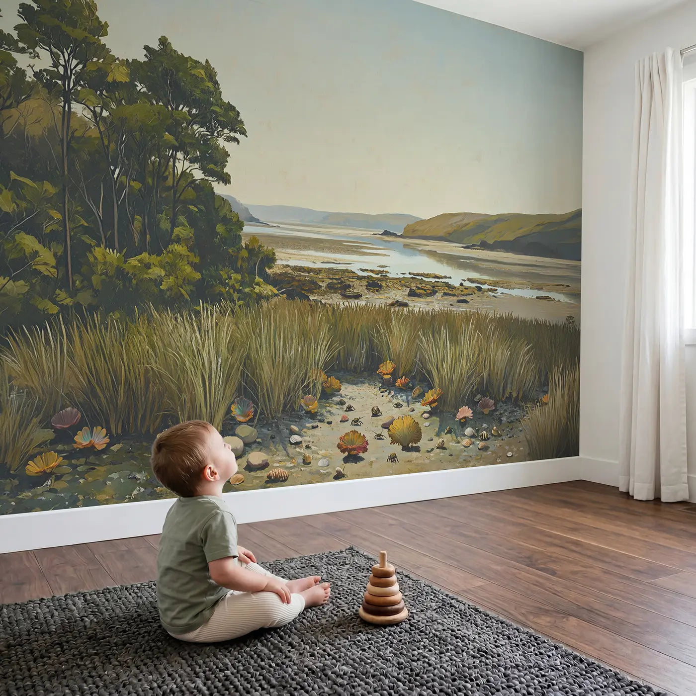 Child in nursery with Reef Flat Low Tide Wallpaper Mural by Whimsy Tots