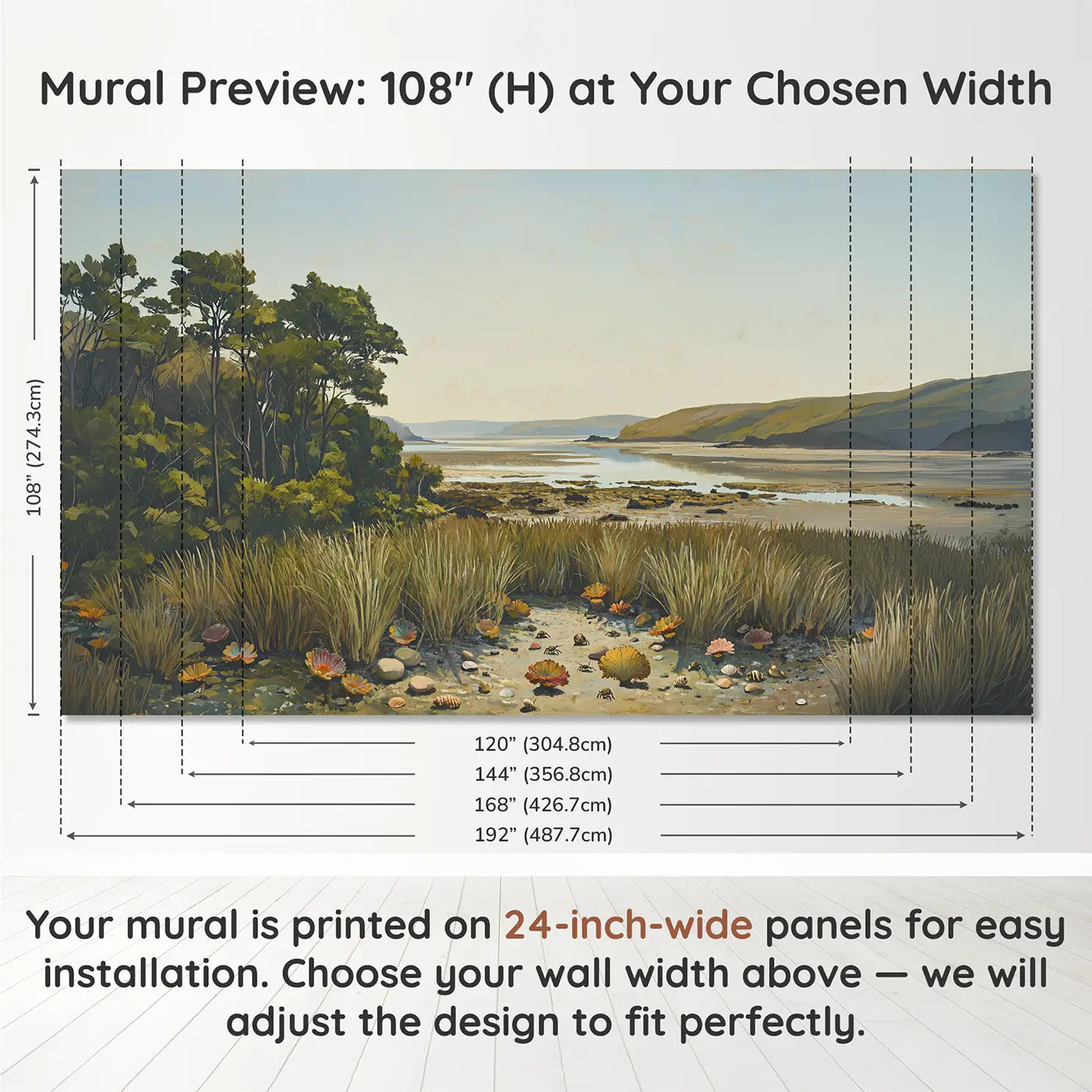Panel layout and dimensions for Reef Flat Low Tide Wallpaper Mural by Whimsy Tots