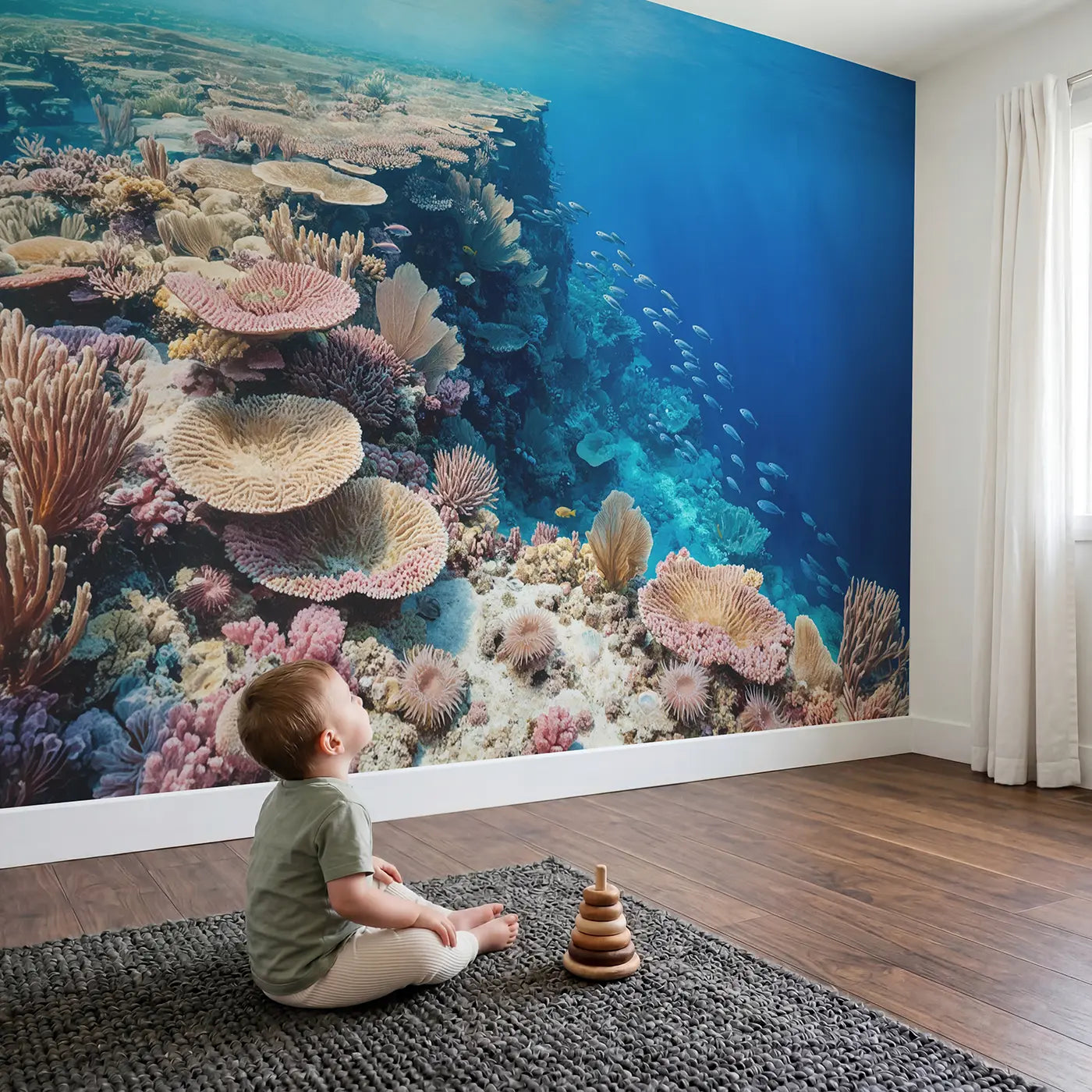 Child in nursery with Coral Reef Drop Off Wallpaper Mural by Whimsy Tots