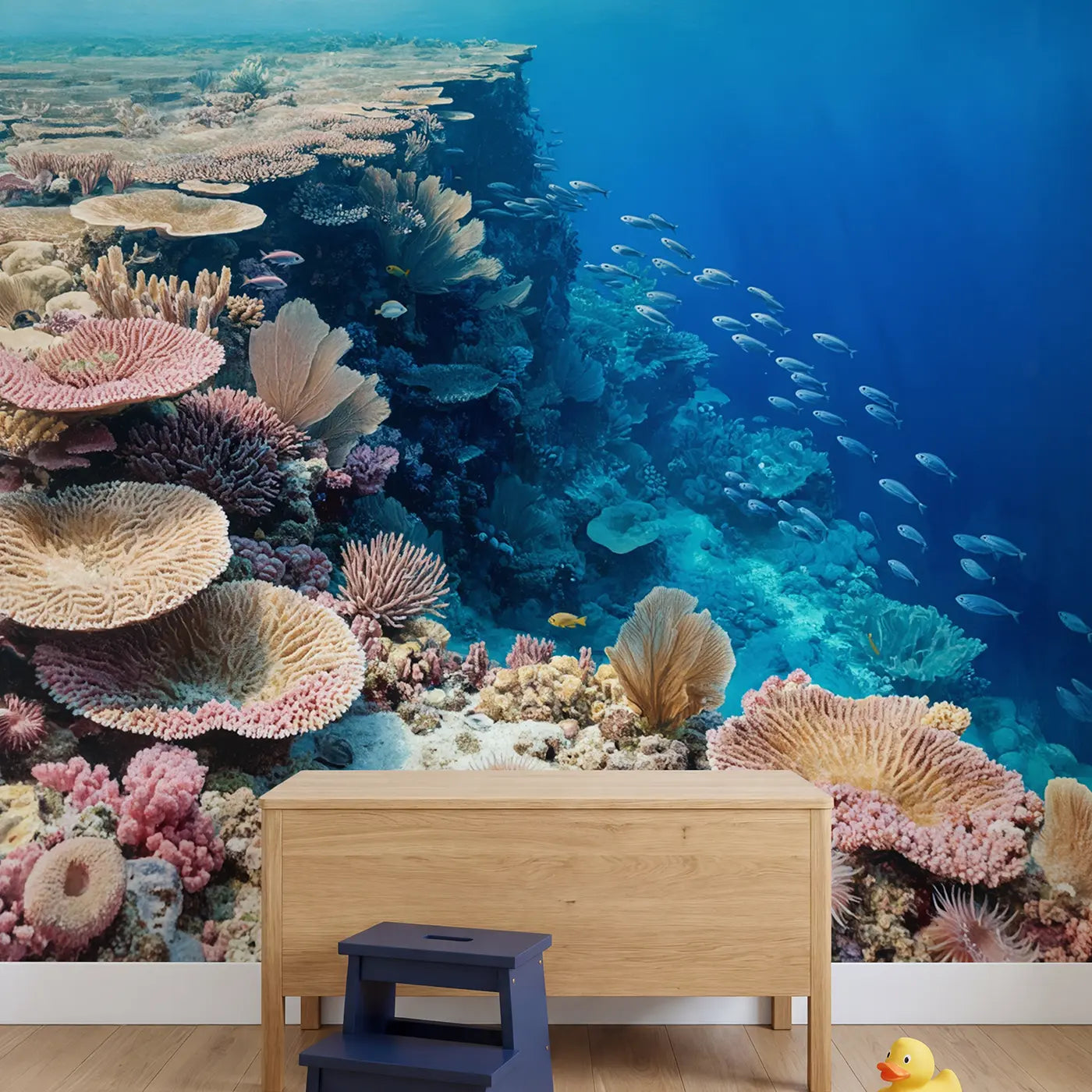 Coral Reef Drop Off Wallpaper Mural in playroom setting by Whimsy Tots