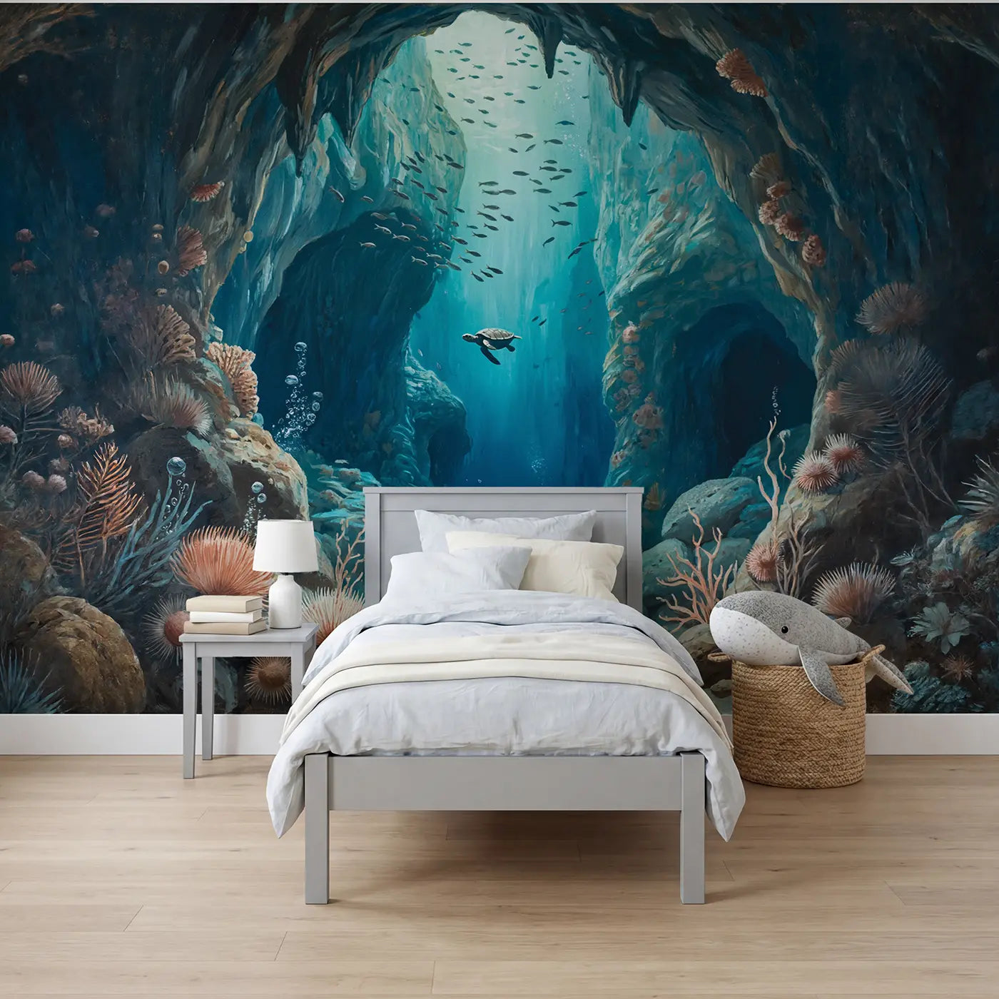 Painted Landscape underwater cavern sea turtle wallpaper mural for boys room by Whimsy Tots