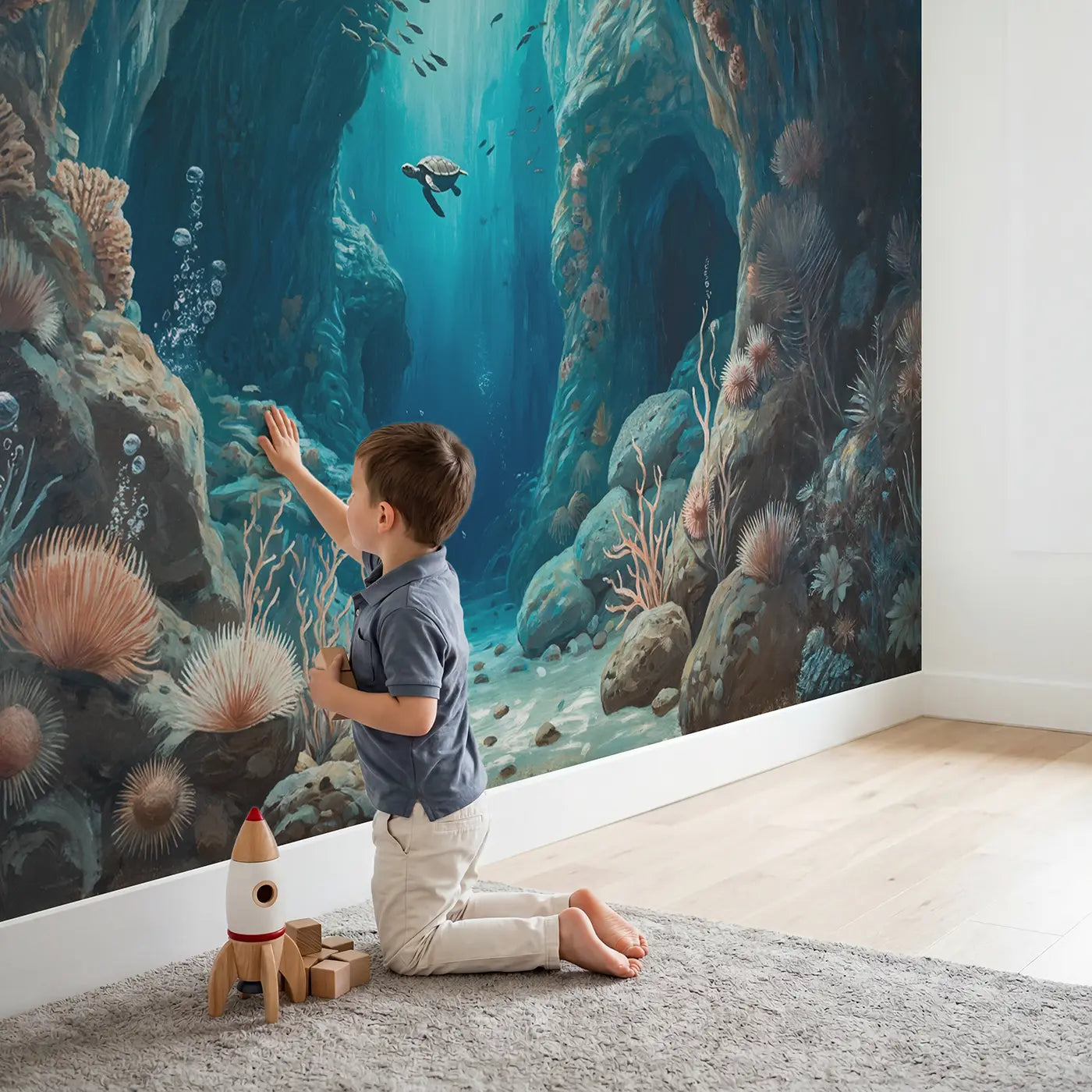 Child in nursery with Underwater Cavern Light Wallpaper Mural by Whimsy Tots