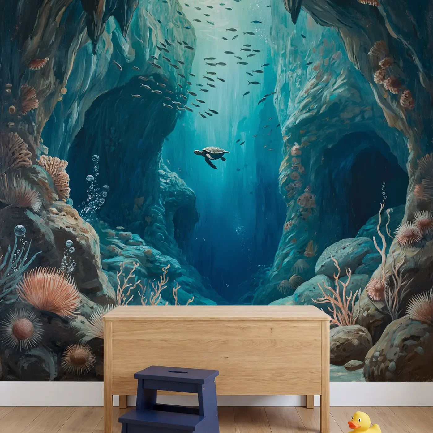 Underwater Cavern Light Wallpaper Mural in playroom setting by Whimsy Tots