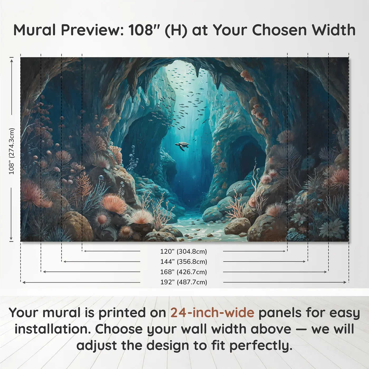 Panel layout and dimensions for Underwater Cavern Light Wallpaper Mural by Whimsy Tots