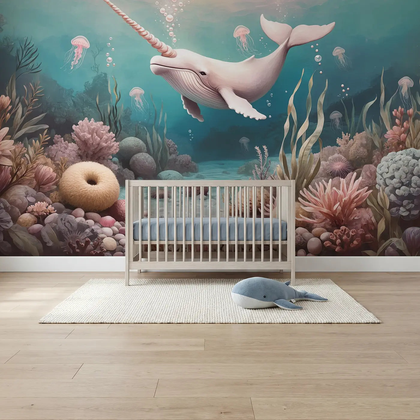 Soft pastel narwhal and jellyfish ocean wallpaper mural for kids room by Whimsy Tots