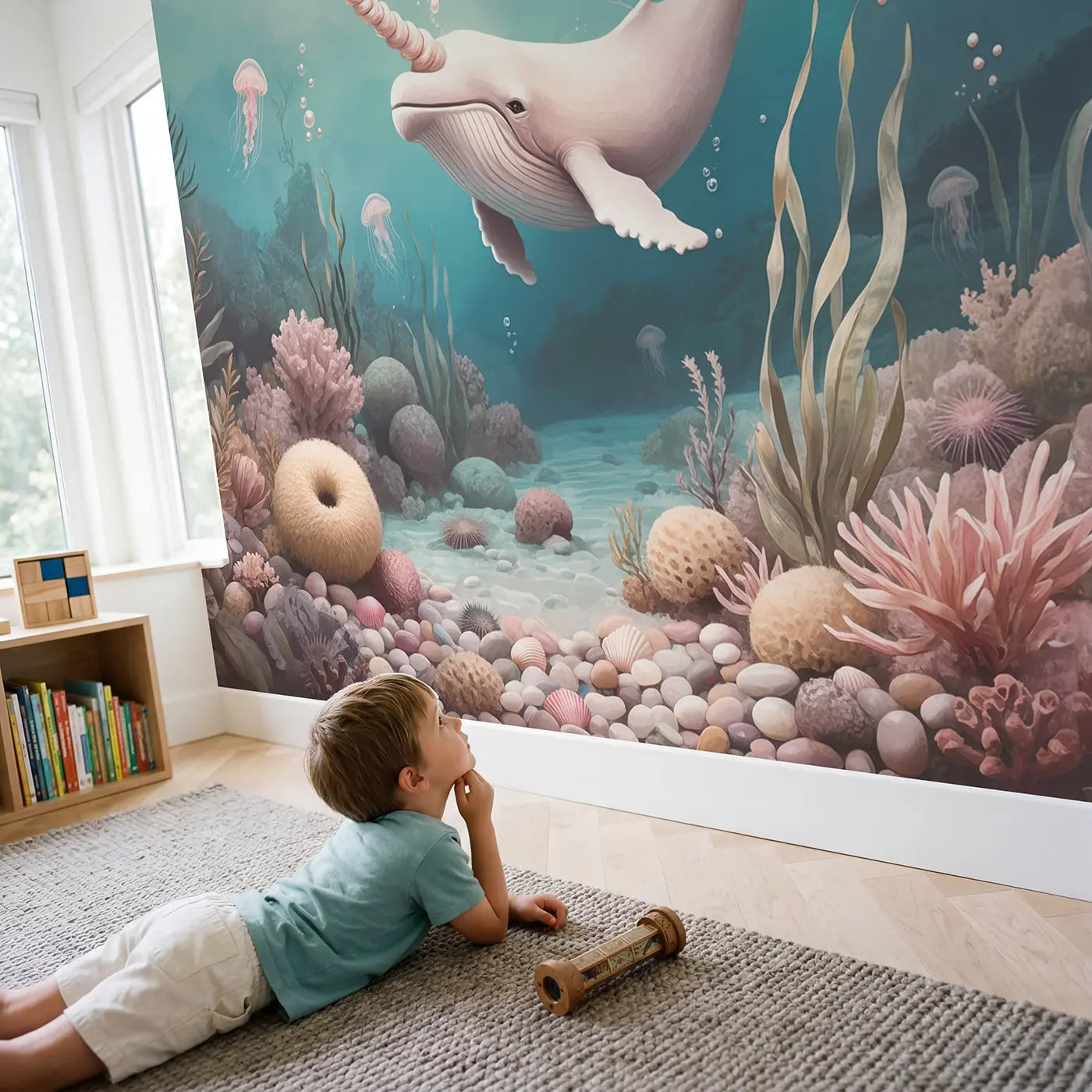 Child in nursery with Dreamy Narwhal Cove Wallpaper Mural by Whimsy Tots