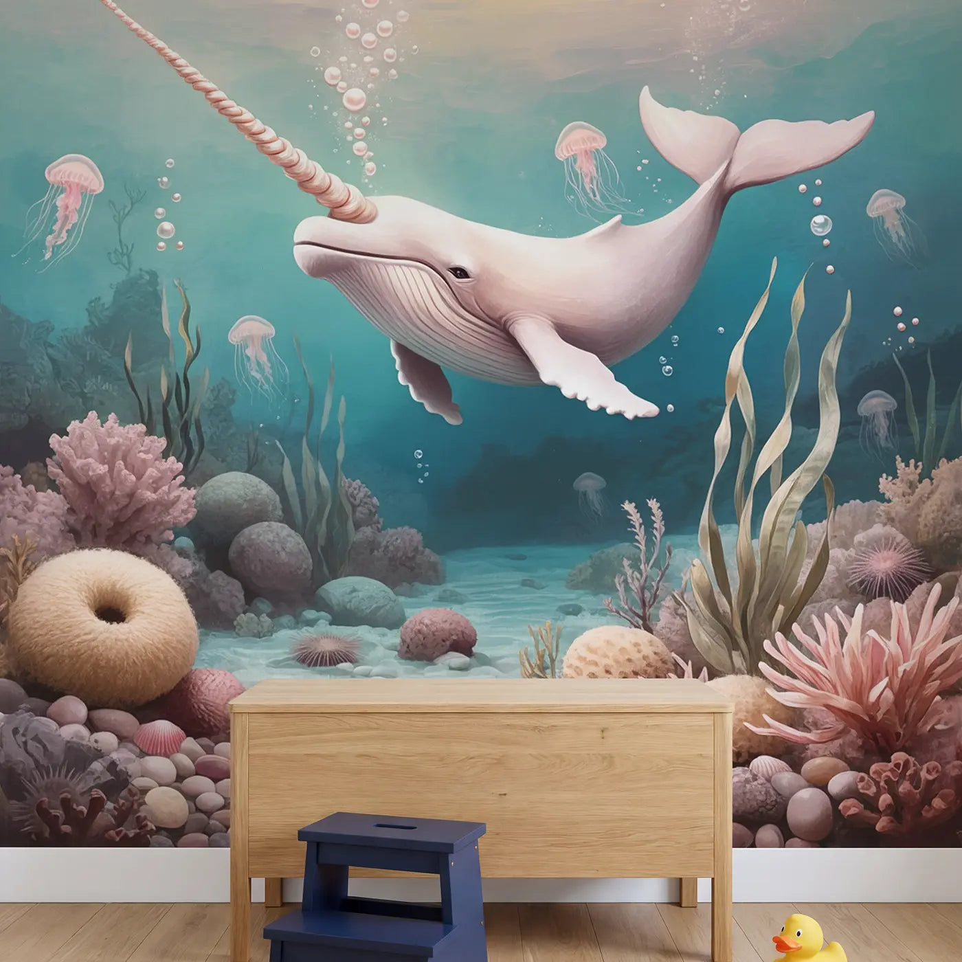 Dreamy Narwhal Cove Wallpaper Mural in playroom setting by Whimsy Tots