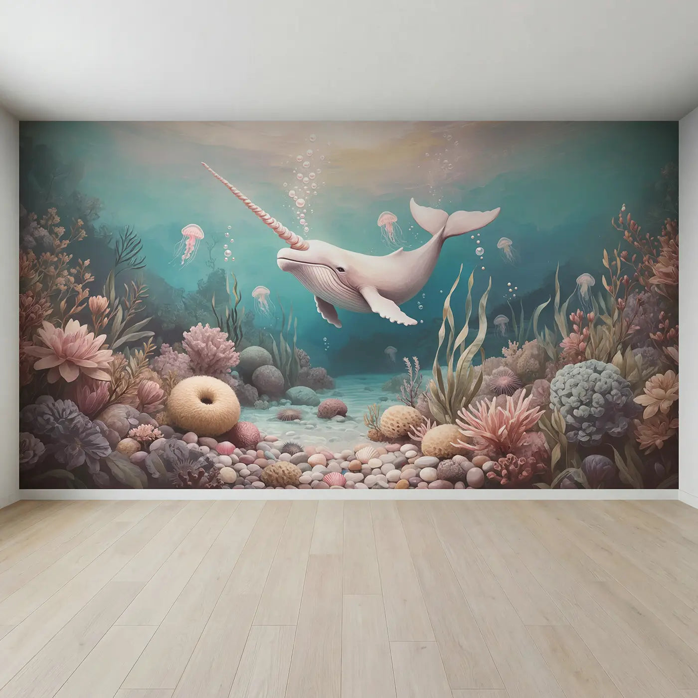 Full view of Dreamy Narwhal Cove Wallpaper Mural by Whimsy Tots