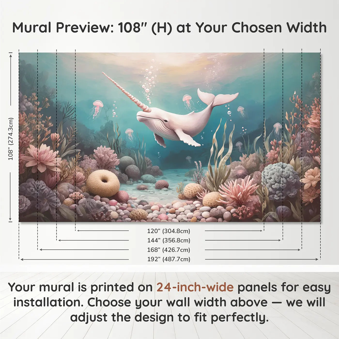 Panel layout and dimensions for Dreamy Narwhal Cove Wallpaper Mural by Whimsy Tots