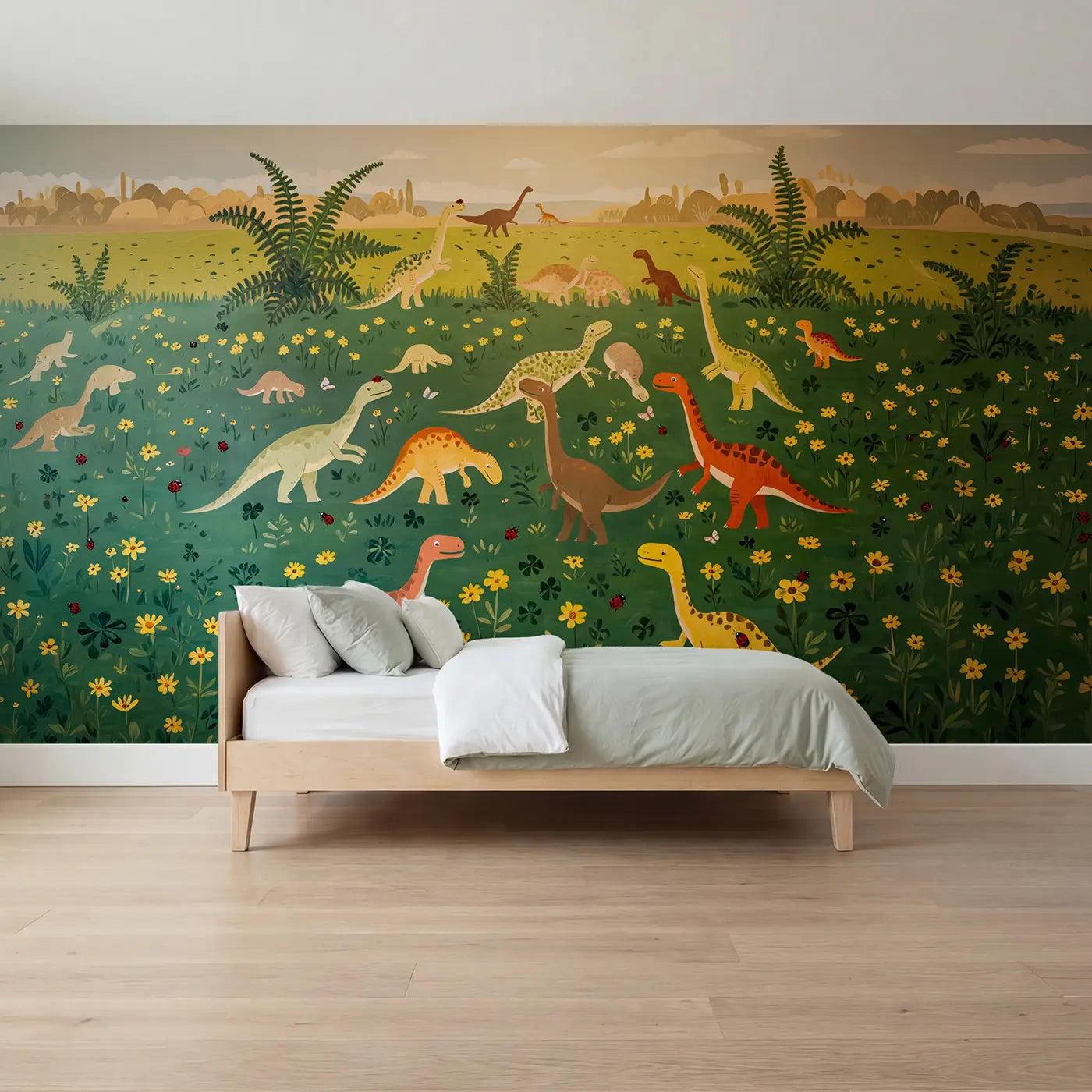 Modern illustration baby dinosaurs ferns wallpaper mural for boys room by Whimsy Tots